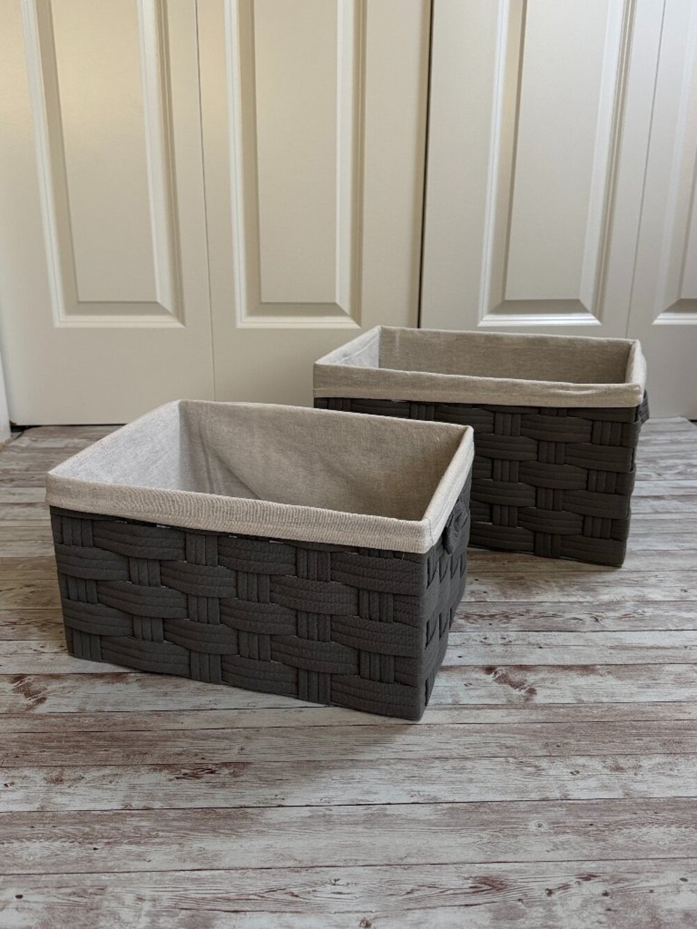 Pair Woven Fabric Baskets with Linen Liner Gray Beige 15" x 11.5" x 9”